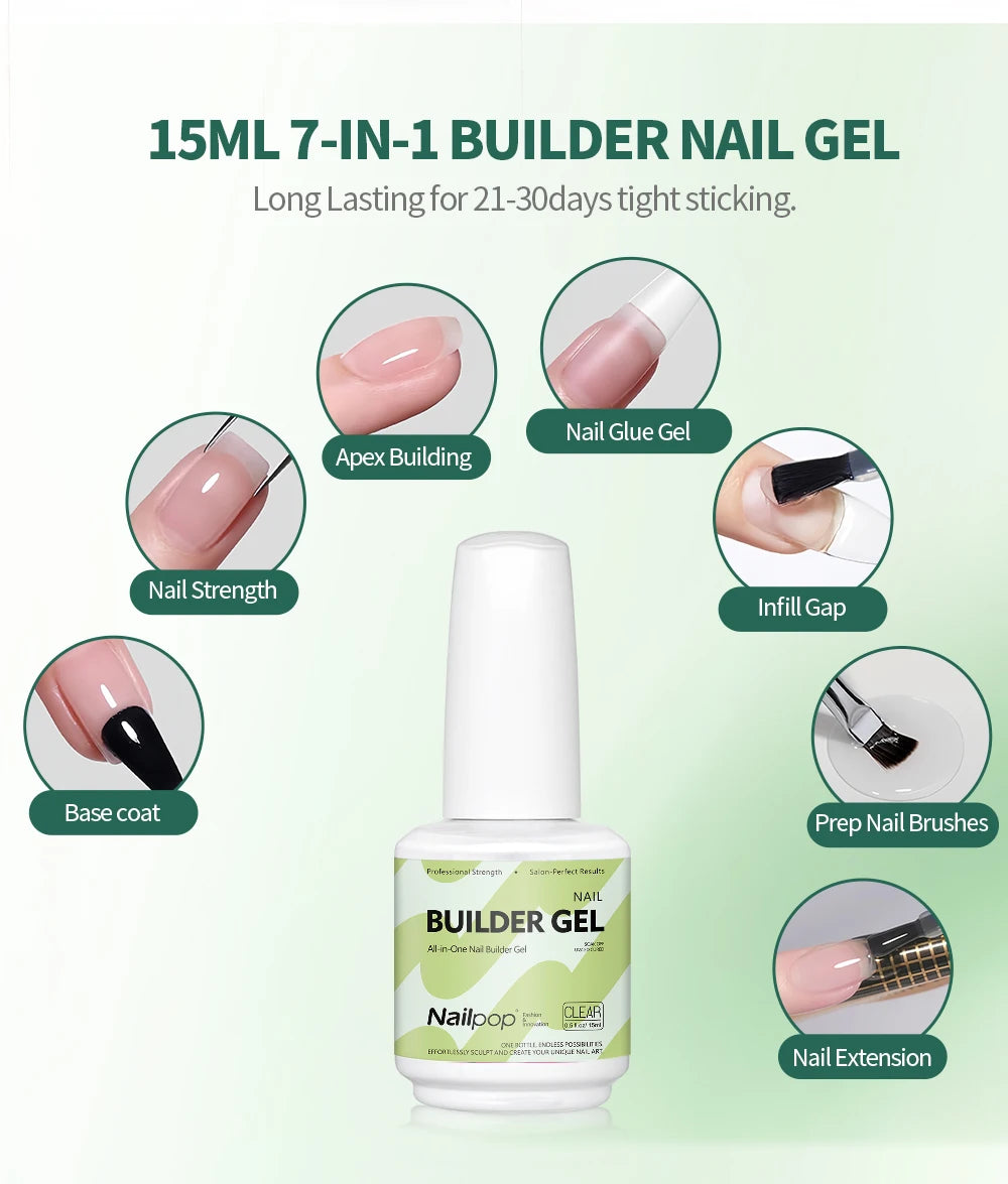 Nailpop 7-in-1 Builder Nail Gel Fast Building Gel Nail Polish Clear White Pink Nude 15ml Nail Tip Reinforcement and Extension