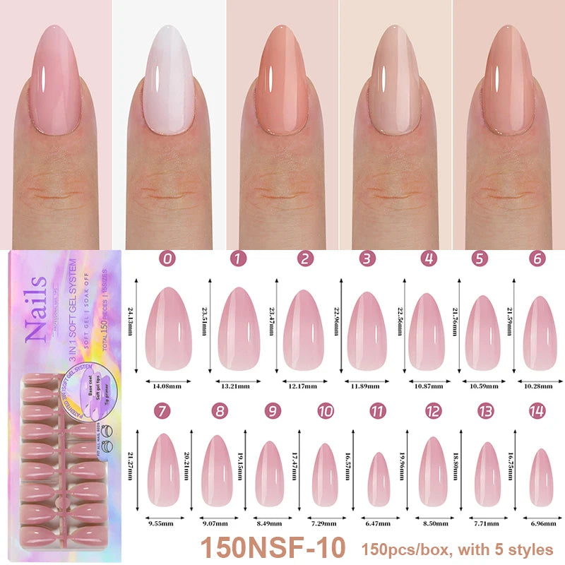 150Pcs/Box Acrylic Press on Nails Full Cover Fake False Tips Soft Gel Extension T-shaped Oval Capsule Almond Sculpted Salon DIY
