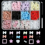 12Grid/Box Mixed Resin Bowknot Nail Charms 3D Colorful Bow Kawaii Rhinestone Nail Art Decorations DIY Manicure Parts Pen Tweezer