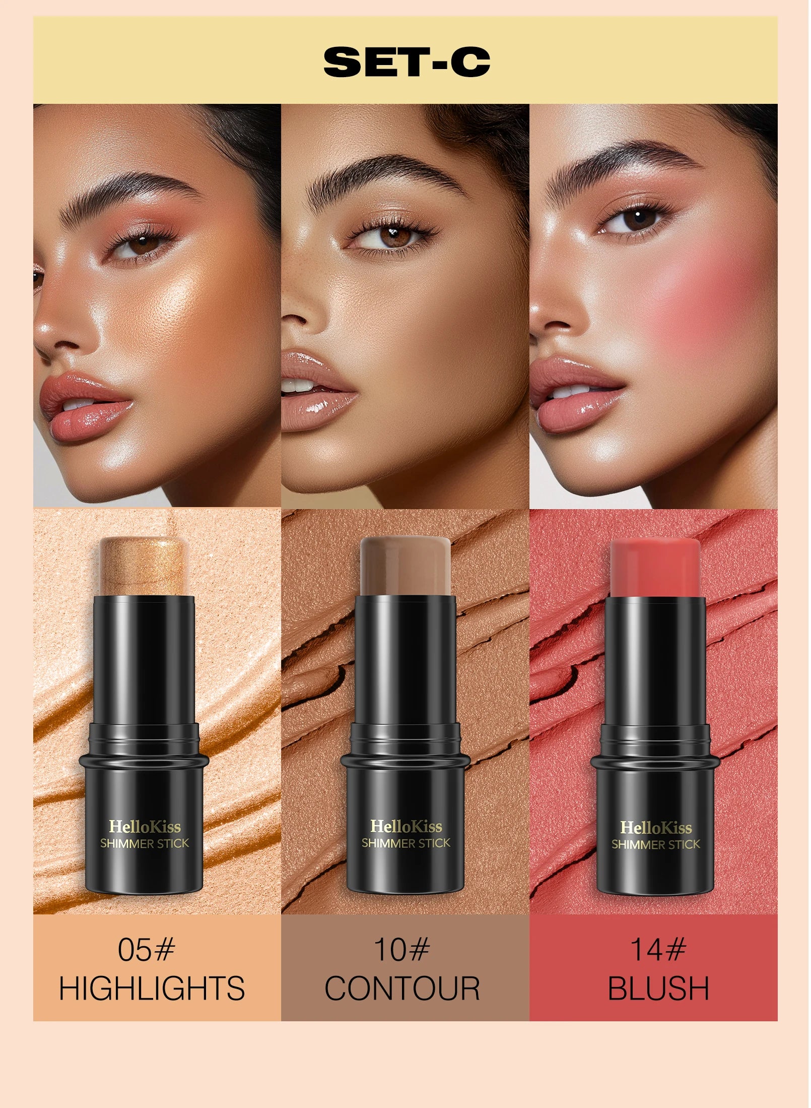 1 Set of 3 Contouring Sticks, Highlighter Stick, Blush Stick, 3-Piece Cream Contouring Set, Create Facial Contours, Non-Greasy