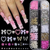 12Grid/Box Mixed Resin Bowknot Nail Charms 3D Colorful Bow Kawaii Rhinestone Nail Art Decorations DIY Manicure Parts Pen Tweezer