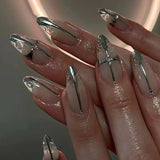 24Pcs Dark Press on Fake Nails with Black Glitter 3D Metallic Designs Sweet Cool Almond False Nails Detachable Nails Spice Girls