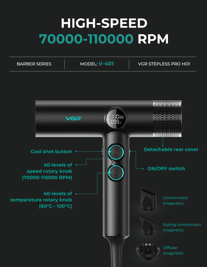 VGR Hair Dryer Professional Hot and Cold Adjustment 110000 RPM Blow Dryer Brushless Motor Hair Styling Blow Dryer Machine V-401