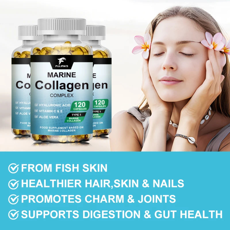 Premium Hydrolyzed Marine Collagen Supplement, with Hyaluronic Acid, Vitamin C & E, Promotes Glowing Skin, Hair & Nails Health