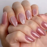 24Pcs Metallic Cat Eye French Sheer Manicure Tip Art Textured 3D Acrylic False Nails Nude Pink Almond Medium Press on Fake Nails