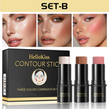 1 Set of 3 Contouring Sticks, Highlighter Stick, Blush Stick, 3-Piece Cream Contouring Set, Create Facial Contours, Non-Greasy