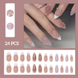 24pcs White Flower Fake Nail Tips Ins Yellow Pink Blush False Nails Wearable Full Cover European Almond Shaped Press on Nails