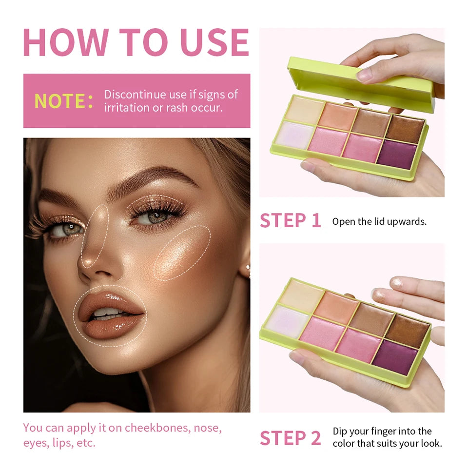 Multi Cream Eyebrow Blush Highlighter Palette Long Wearing Eyeshadow Palette Matte Shimmer Finish With Free Brush & Powder Puff