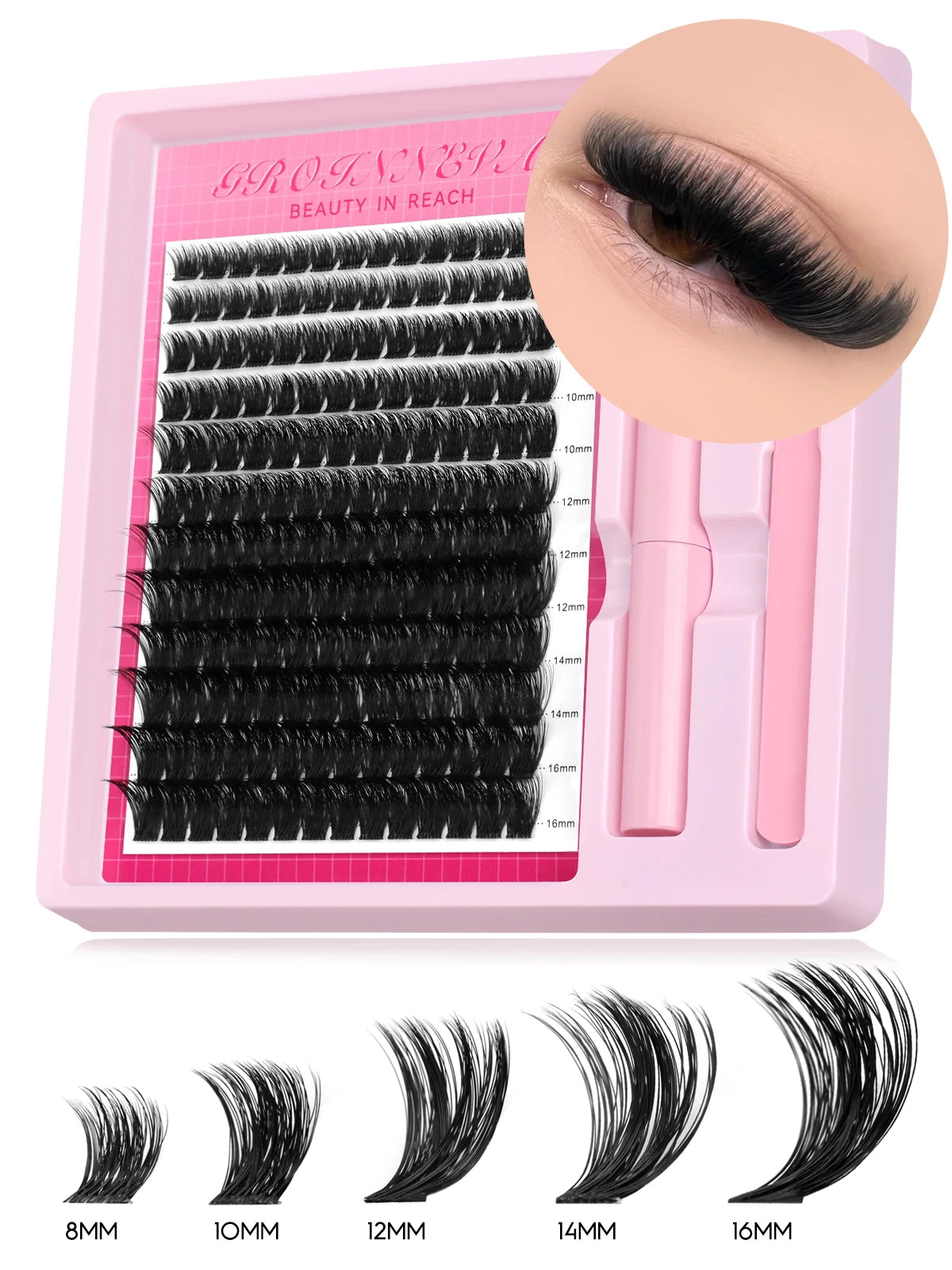 GROINNEYA Lash Clusters Kit Fluffy Individual Lashes C Curl Cluster DIY Lash Extension Kit Lash Bond and Seal Eyelash Extensions
