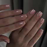 24Pcs Medium Short Square False Nails Glittering Nail Art White Wearable Fake Nail Silver French Full Cover Press on Nail Tips
