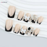 Y2K 24Pcs Set French Style Black & White Tie Dye Polka Dot Press-On Nails, Reusable, With Bowknot, Star Rhinestones, Cute & Chic, Suitable For Dates, Spring, New Year, Christmas, Daily, Birthday, Festival, Spring/Summer New A