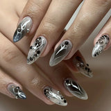 24Pcs Dark Press on Fake Nails with Black Glitter 3D Metallic Designs Sweet Cool Almond False Nails Detachable Nails Spice Girls