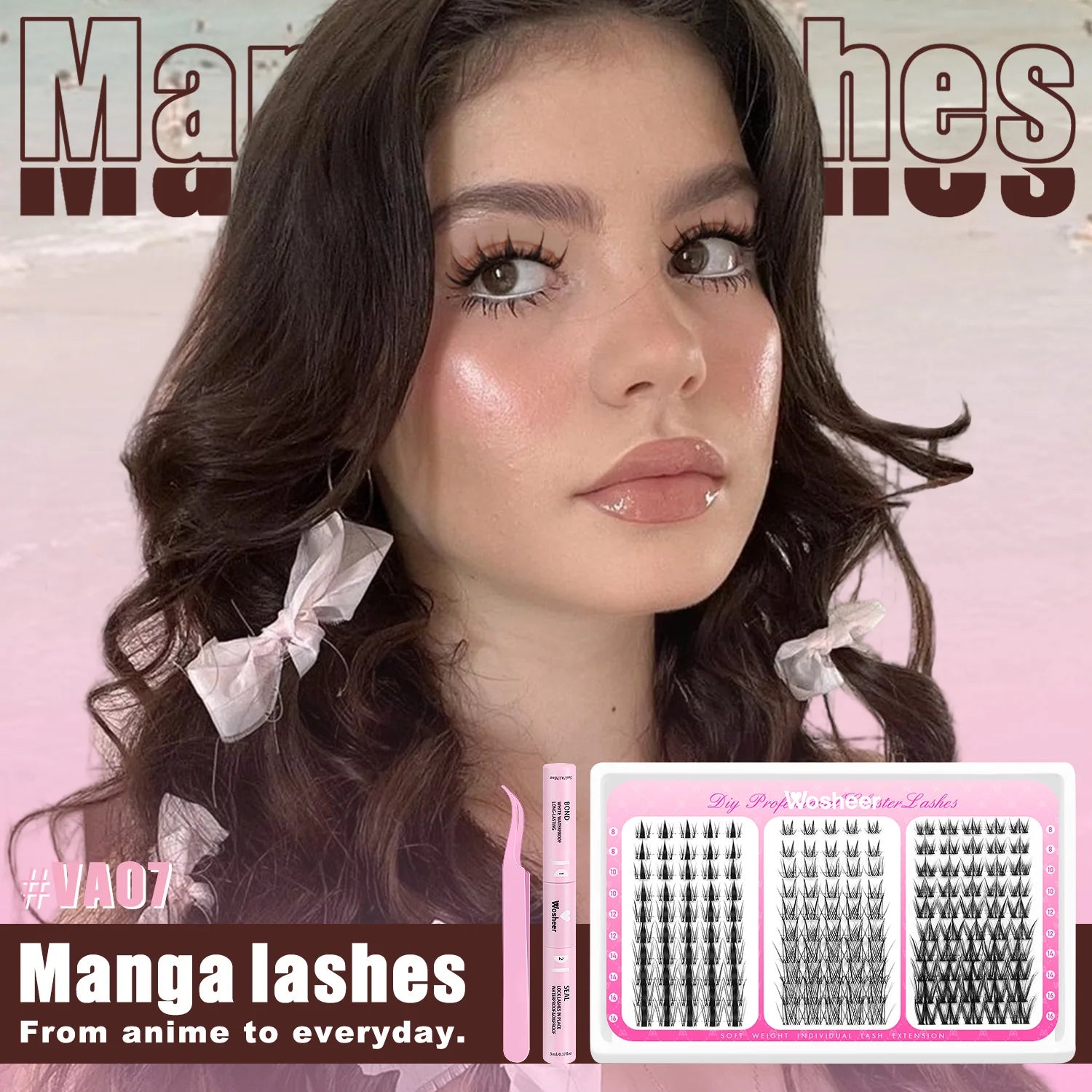 WOSHEER Manga Lash Clusters Kit Cat Lashes with Lash Bond & Seal Cluster Eyelash Extensions Mixed Tray Eyelash Clusters Kit