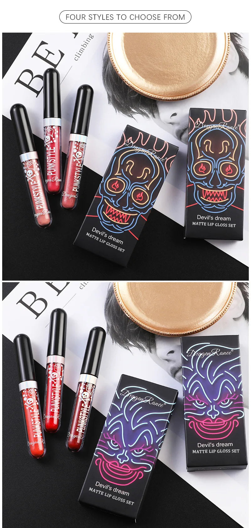 Halloween Lip Gloss Set Sparkling Purple Black Non Stick Lipstick Trio For Party Makeup Beauty Gift