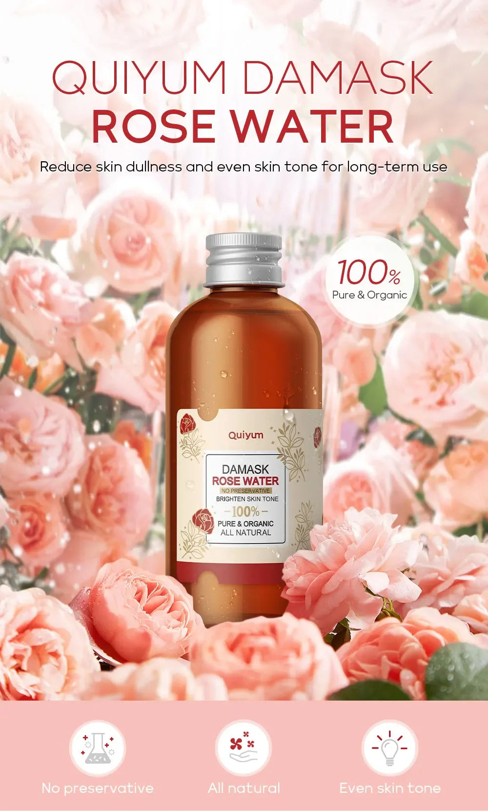 Damask Rose Hydrosol Rose Water Nourishing Skin Improve Dullness Facial Hydrating and Moisturizing Toner Face Serum Skincare