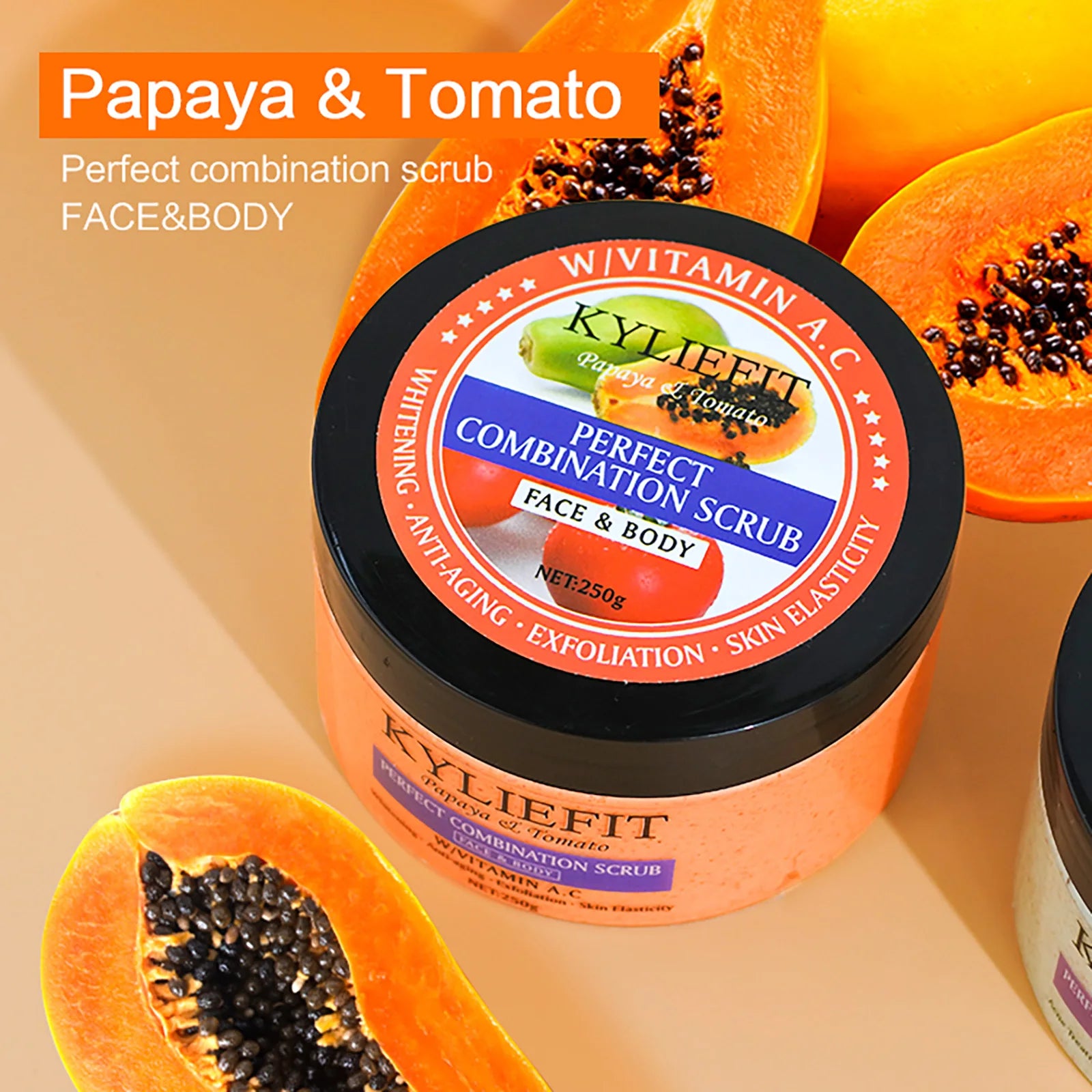 Papaya And Tomato Combination Scrub, Reduce Spots, Whitening, Exfoliating, Moisturizing, Smooth Skin, For Face And Body, 250g