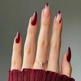 24Pcs Simple Wine Red Fake Nail with Mid-length Design Almond Press on False Nails Wearable Round Head Oval Full Cover Nail Tips
