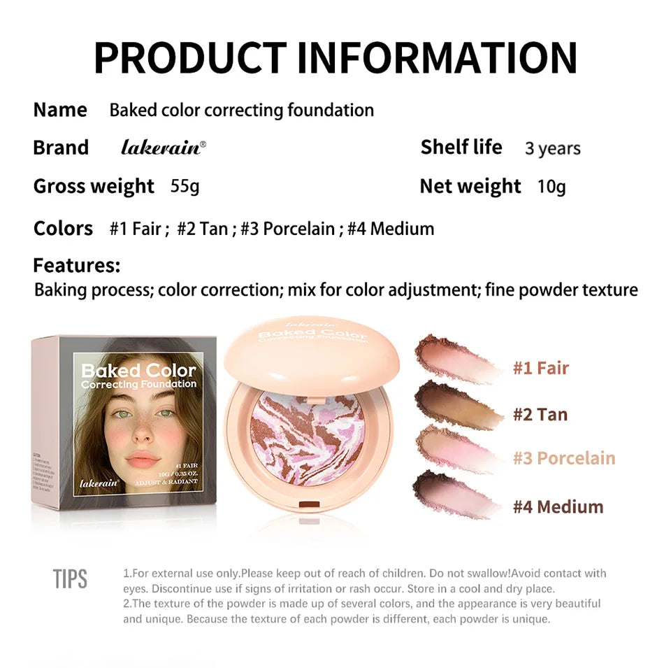 Demi Matte Natural Finish Baked Brighten Color Correcting Powder Foundation Buildable Light to Coverage Oil Control Makeup