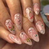 24PCS Medium Almond Press On Nails Wine Red Cute Cartoon Rabbit Bowknot Plaid Pearl False Nails Kawaii Nails Full Cover Wearable