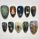 24pcs Flower Print Press on Nails Wine Red Blush Almond False Nail Tips Wearable Reusable Summer Spicy Girl Fake Nails