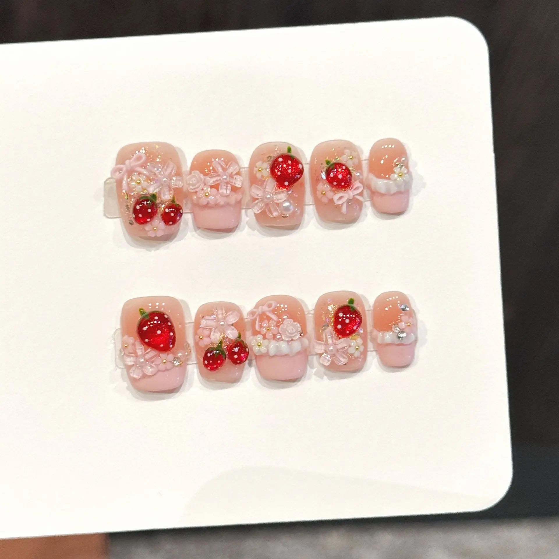 10Pcs Sweet Mid-length Ballet False Nails Art Fashion Pink Cat Eye Lovely Bow Wearable Finished Nails Set Summer Acrylic Nails