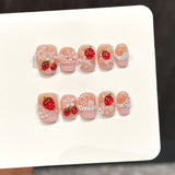 10Pcs Sweet Mid-length Ballet False Nails Art Fashion Pink Cat Eye Lovely Bow Wearable Finished Nails Set Summer Acrylic Nails