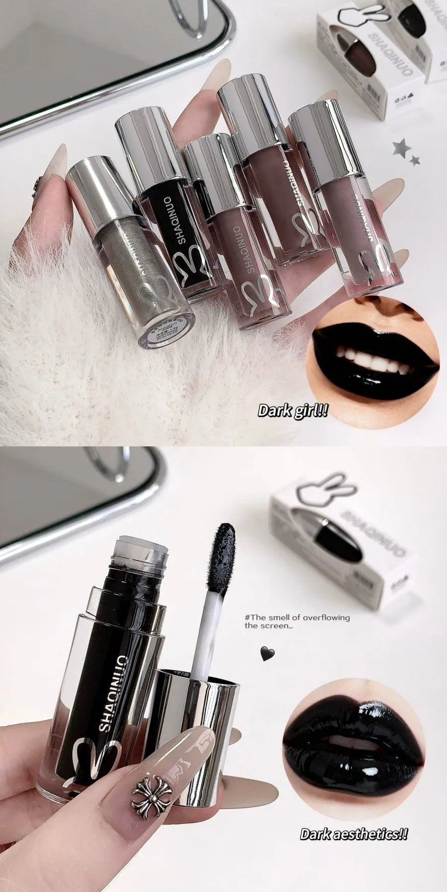 Water Light Mirror Lip Gloss Lasting Moisturizing Cool Black Silver Gray Pearlescent Fine Sparkling Lipstick Lip Oil