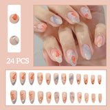 24pcs White Flower Fake Nail Tips Ins Yellow Pink Blush False Nails Wearable Full Cover European Almond Shaped Press on Nails