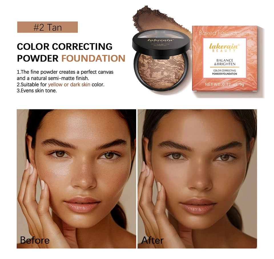 Demi Matte Natural Finish Baked Brighten Color Correcting Powder Foundation Buildable Light to Coverage Oil Control Makeup