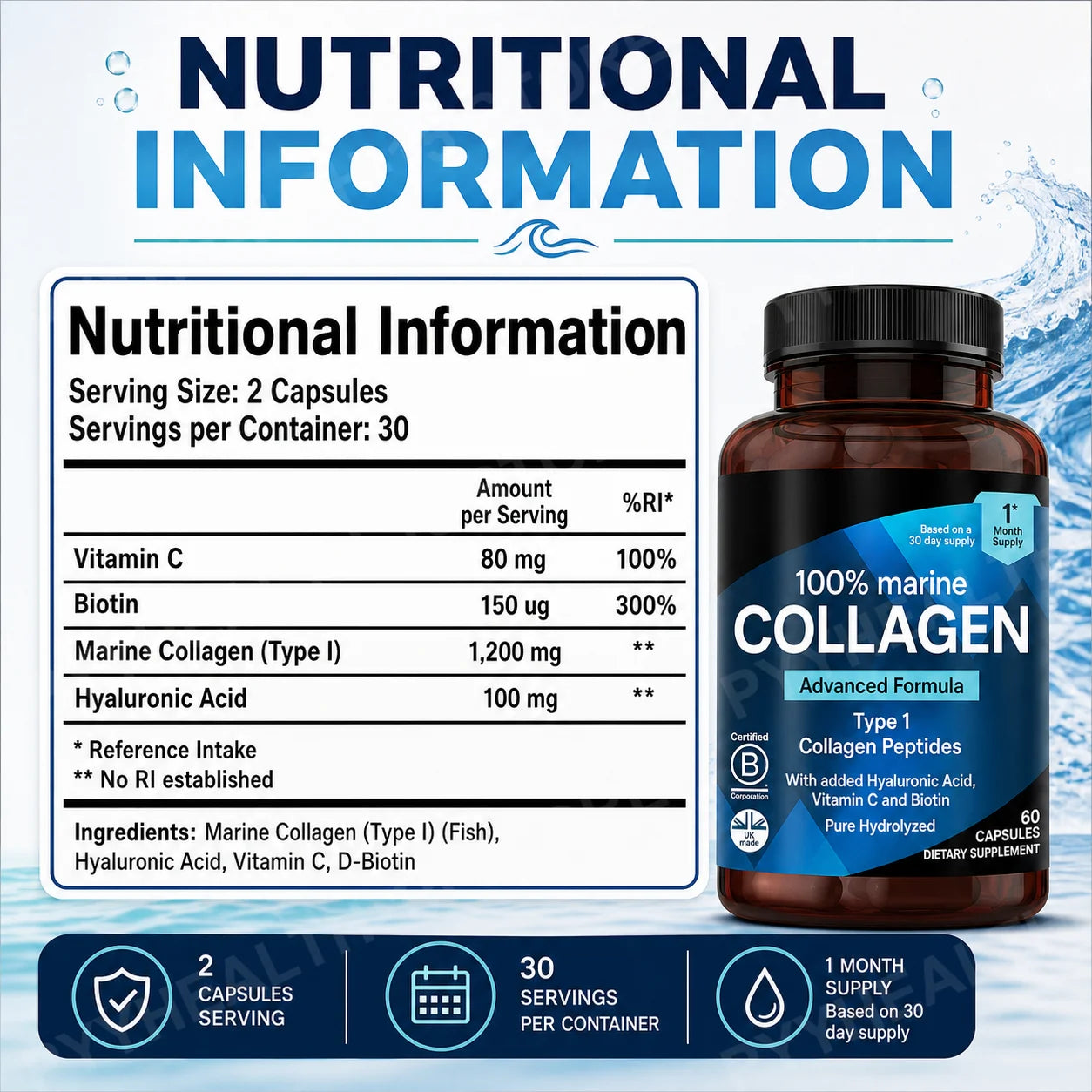 Marine Collagen Capsules for Women & Men, Type I Peptides with Hyaluronic Acid, Vitamin C & Biotin, Beauty Glow Nails, 60 Count