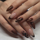 24Pcs Autumn Winter Matte Almond False Nails with Glue Rose Leaf Printing Nail Art Simple Full Cover Press on Acrylic Nails Tips