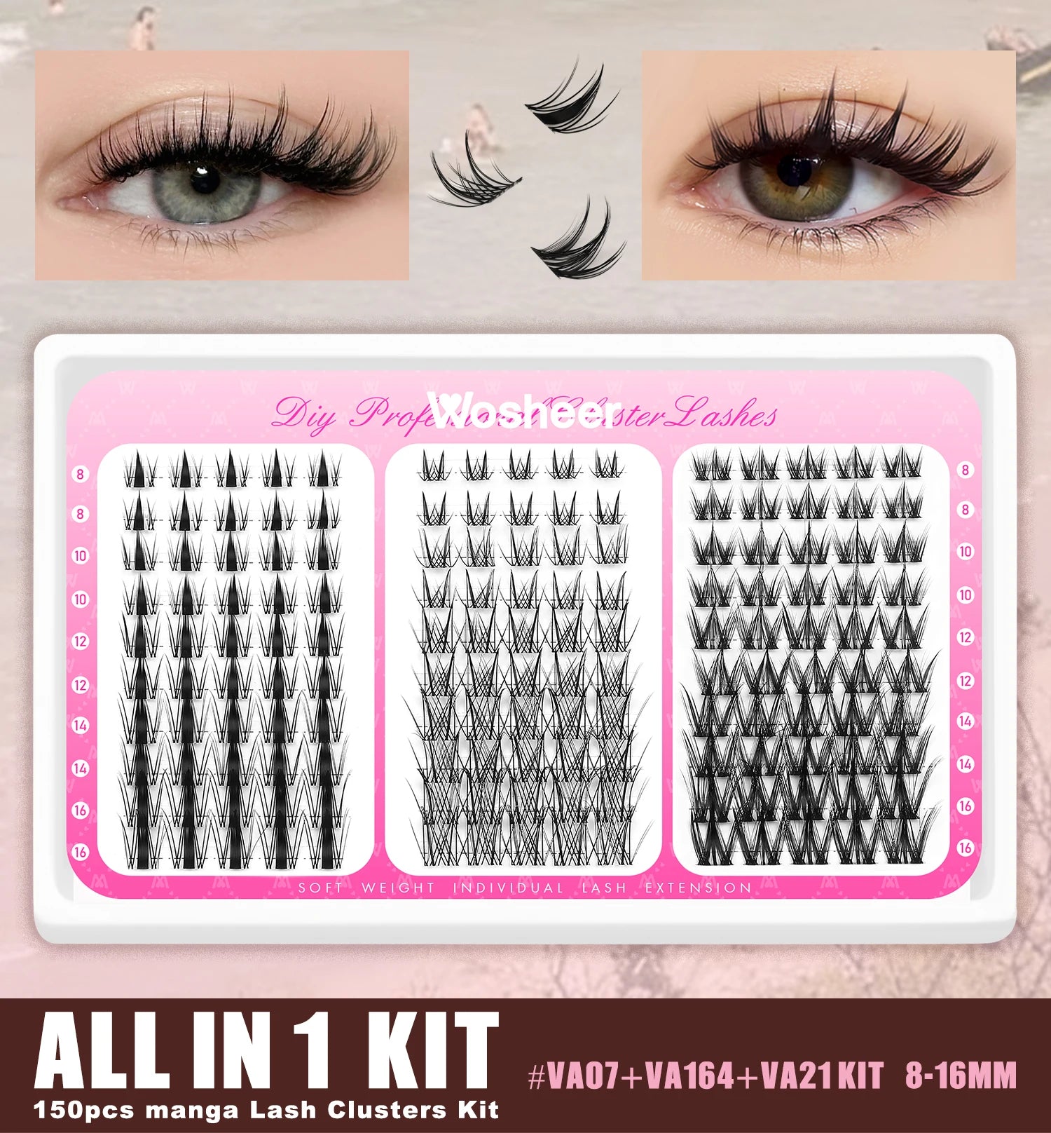 WOSHEER Manga Lash Clusters Kit Cat Lashes with Lash Bond & Seal Cluster Eyelash Extensions Mixed Tray Eyelash Clusters Kit