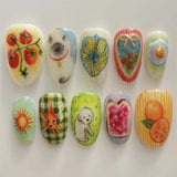 24pcs Flower Print Press on Nails Wine Red Blush Almond False Nail Tips Wearable Reusable Summer Spicy Girl Fake Nails
