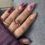 24PCS Pink Almond Press on Nails Full Cover Carved Flower 3D Ripples French Fake Nails for Women with Golden Pearl Wearable Nail