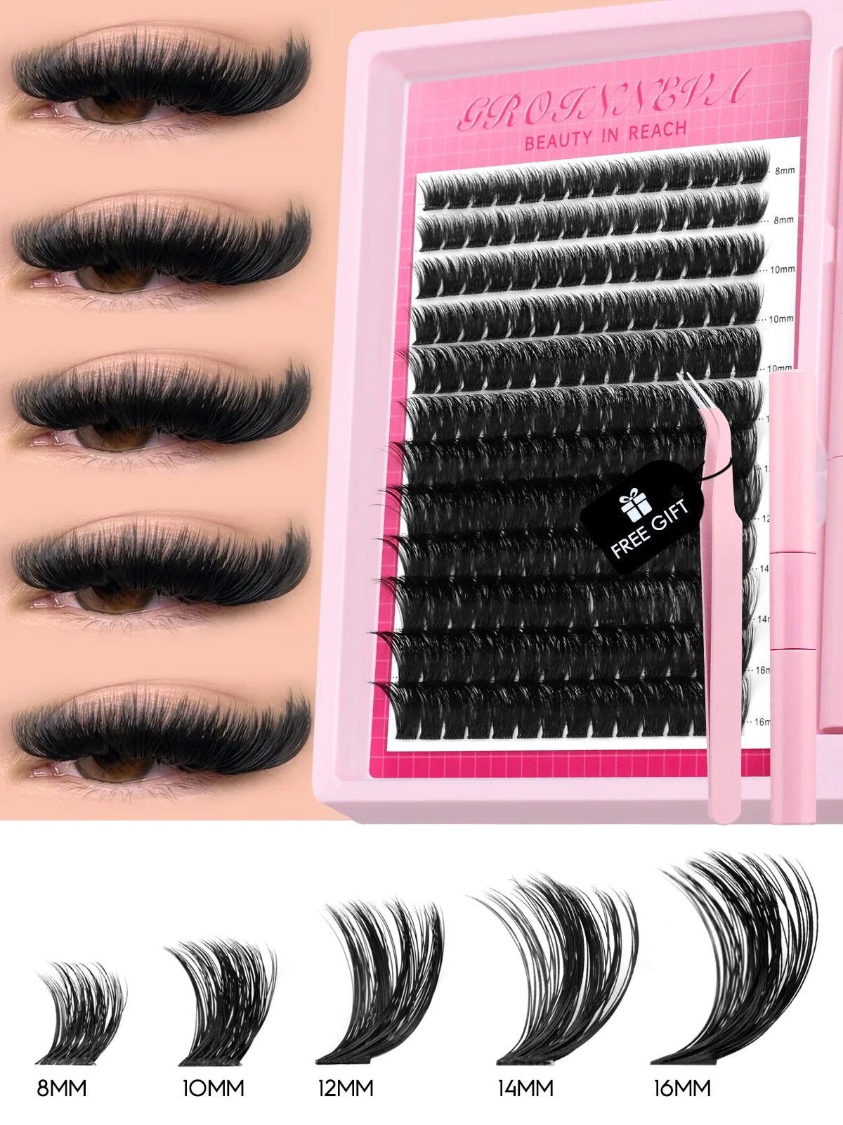 GROINNEYA Lash Clusters Kit Fluffy Individual Lashes C Curl Cluster DIY Lash Extension Kit Lash Bond and Seal Eyelash Extensions