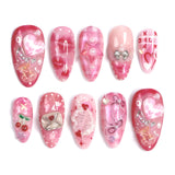 24PCS Medium Almond Press On Nails Wine Red Cute Cartoon Rabbit Bowknot Plaid Pearl False Nails Kawaii Nails Full Cover Wearable