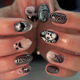 24Pcs Dark Press on Fake Nails with Black Glitter 3D Metallic Designs Sweet Cool Almond False Nails Detachable Nails Spice Girls