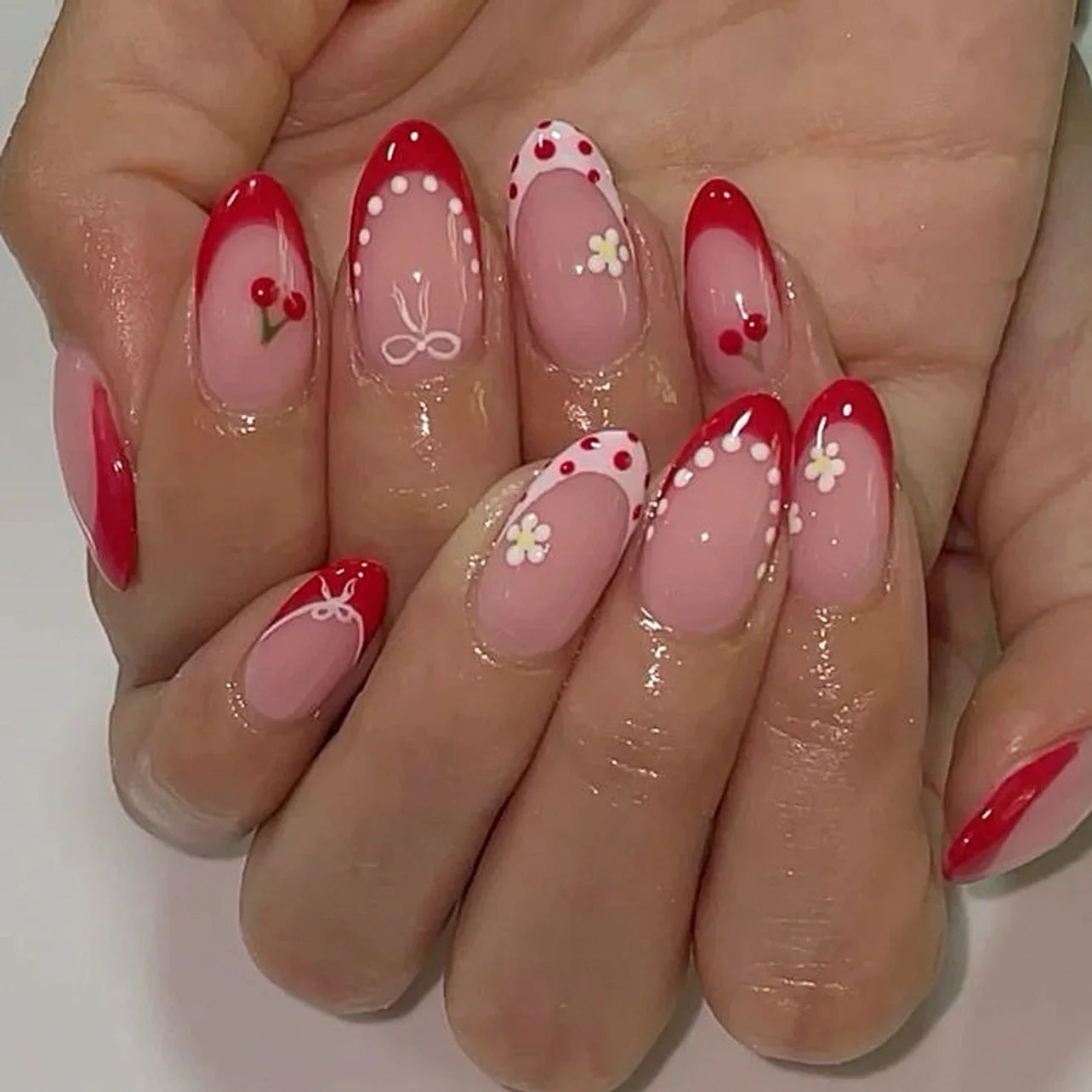 24Pcs Blue Almond Press on Nails with 3D Pearl Design Mid-length Oval False Nails Tips Bow Pattern Wearable Fake Nail for Women