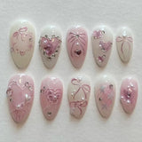 24PCS Medium Almond Press On Nails Wine Red Cute Cartoon Rabbit Bowknot Plaid Pearl False Nails Kawaii Nails Full Cover Wearable