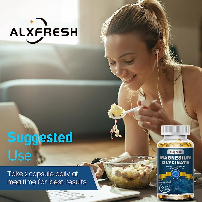 Alxfresh Magnesium Glycinate 500mg Capsule Zinc Vitamin D3 B6 for Muscle, Joint, Nerve Sleep Quality, Anxiety Stress Mood Health