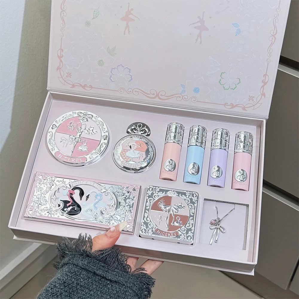 NICEKEY Pink Ballet Makeup Sets Include 4 Lip Mud,1 Blush,1 Pressed Powder,1 Eyes Palette,1 Contour Palette With Necklace Gift