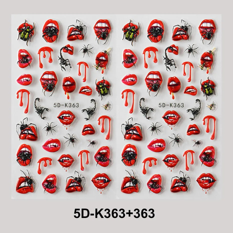 1/2pcs Charming Embossed Lips & Spider Nail Decals 5D Sexy Red Lip Nail Art Sticker Halloween Punk Style Manicure Accessories