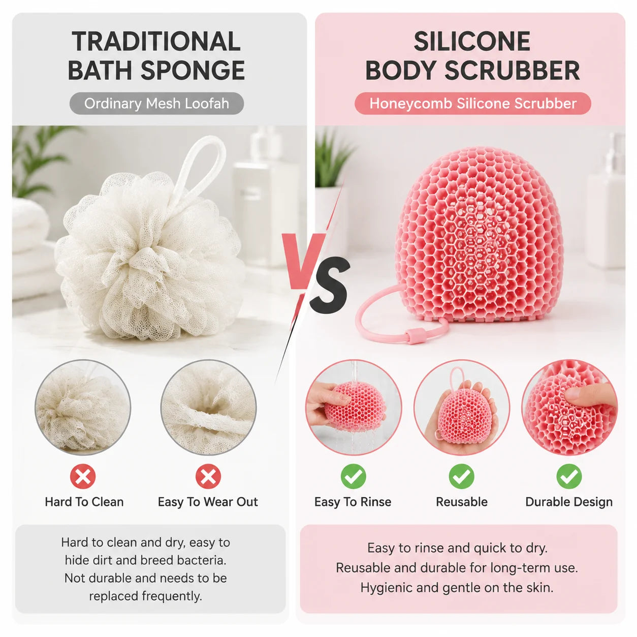 Silicone Body Scrubber Shower Brush, Honeycomb Exfoliating Bath Tool for Deep Cleaning, Massage & Smooth Skin Care