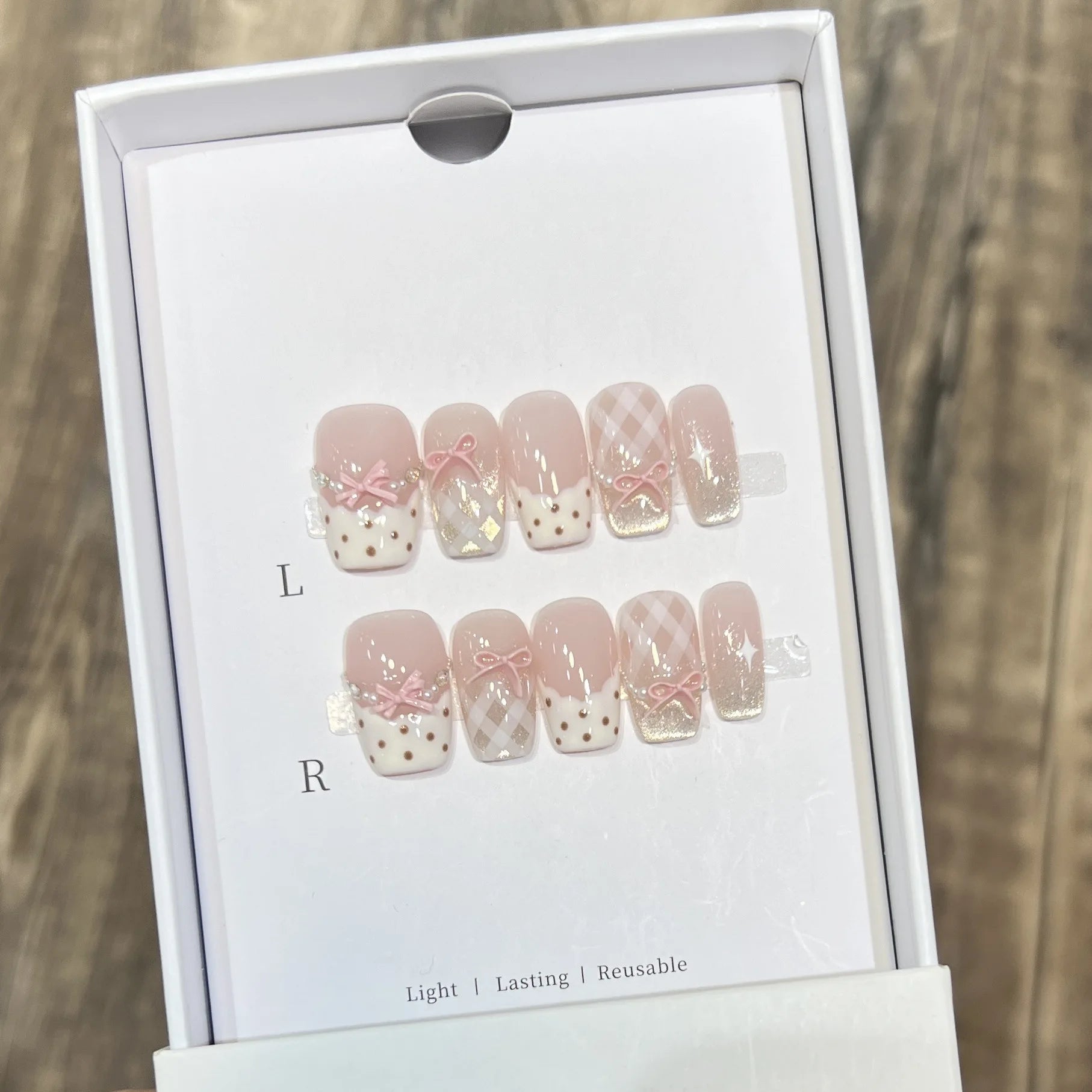 10Pcs Sweet Mid-length Ballet False Nails Art Fashion Pink Cat Eye Lovely Bow Wearable Finished Nails Set Summer Acrylic Nails