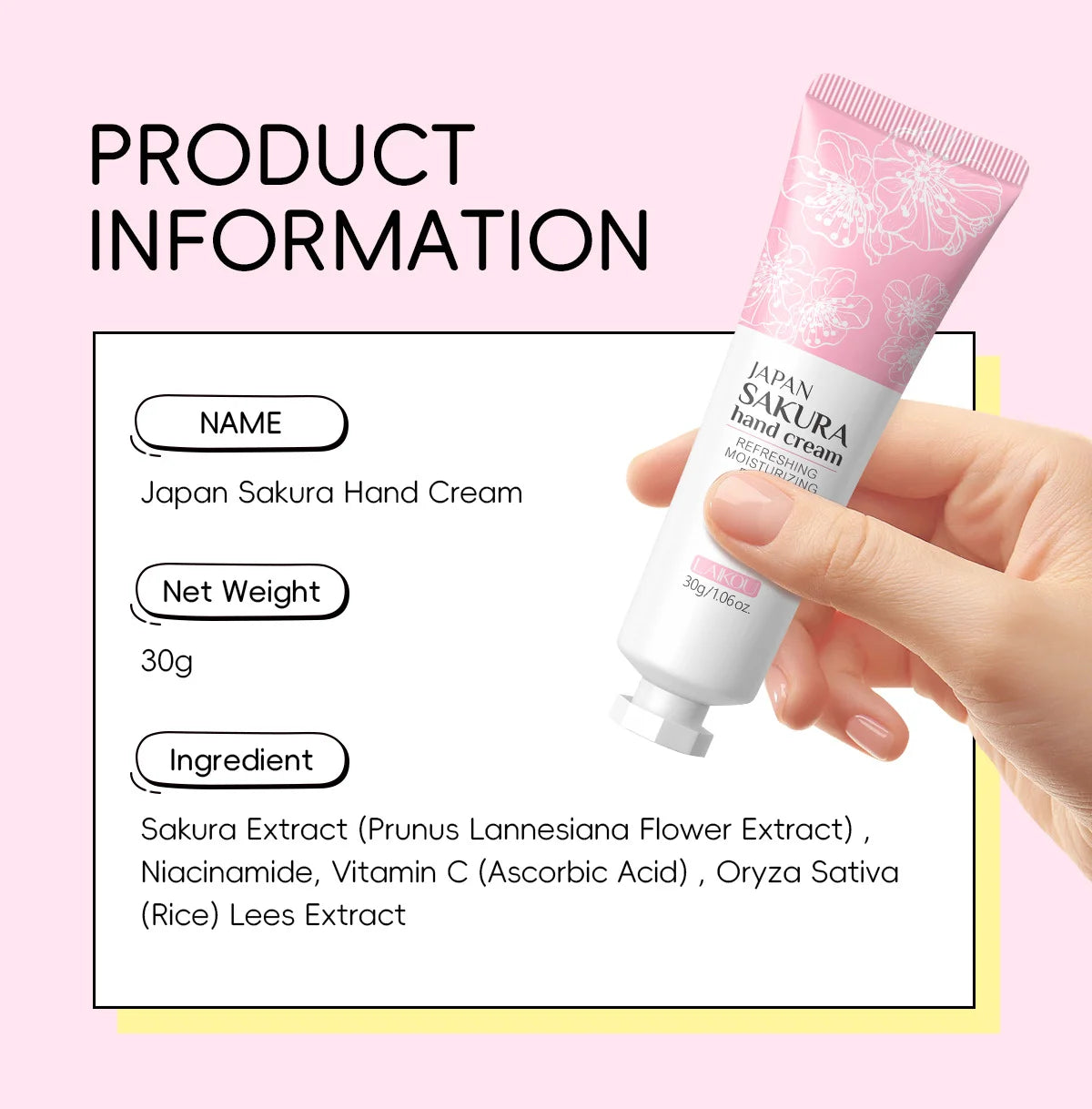 LAIKOU Sakura Hand Cream Hydrating Moisturizing Nourishing Smoothing Brightening Repairing Non‑Greasy For Dry Rough Skin 30g
