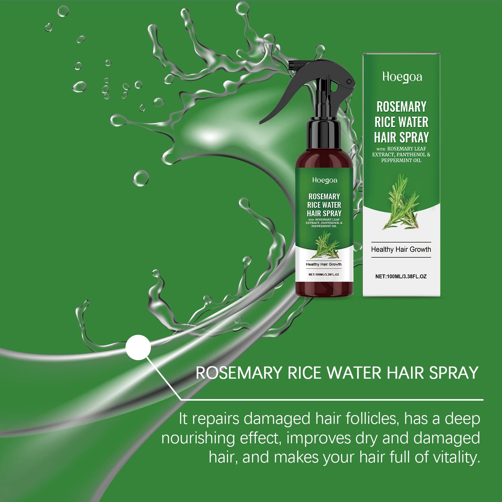 Rosemary Hair Growth Spray with Rice Water Hair Care Oil for Scalp Hydrate Thickness Anti-Flake Soft Smooth Strengthen Hair Mist