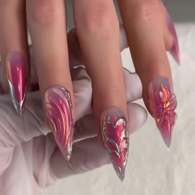 24pcs Wearable Press on Nails Strawberry Bow Design Nails Tips Red Short Almond Pearl Starlight Fake Nail Art Flower False Nails