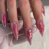 24pcs Wearable Press on Nails Strawberry Bow Design Nails Tips Red Short Almond Pearl Starlight Fake Nail Art Flower False Nails