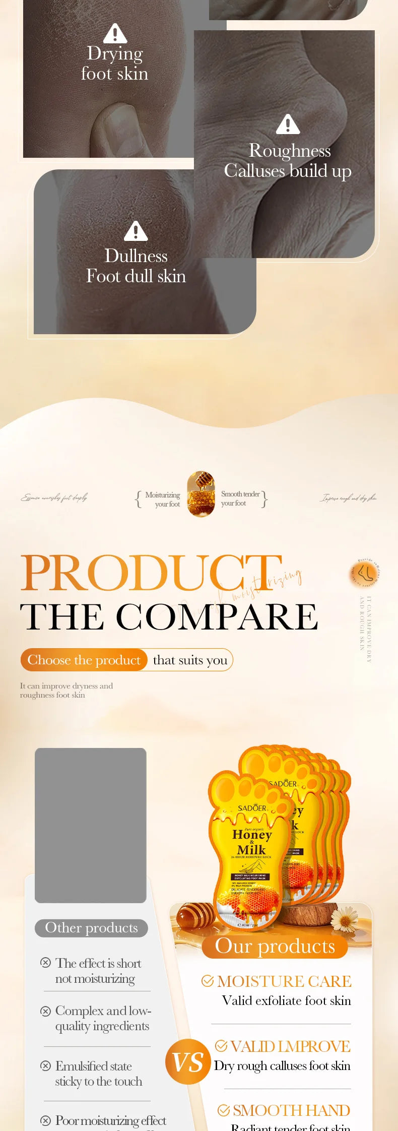 5 Pairs SADOER Honey Milk Nourishing Exfoliating Foot Mask Improves Rough Skin Smooths And Delicately Tenders Feet Skin Care