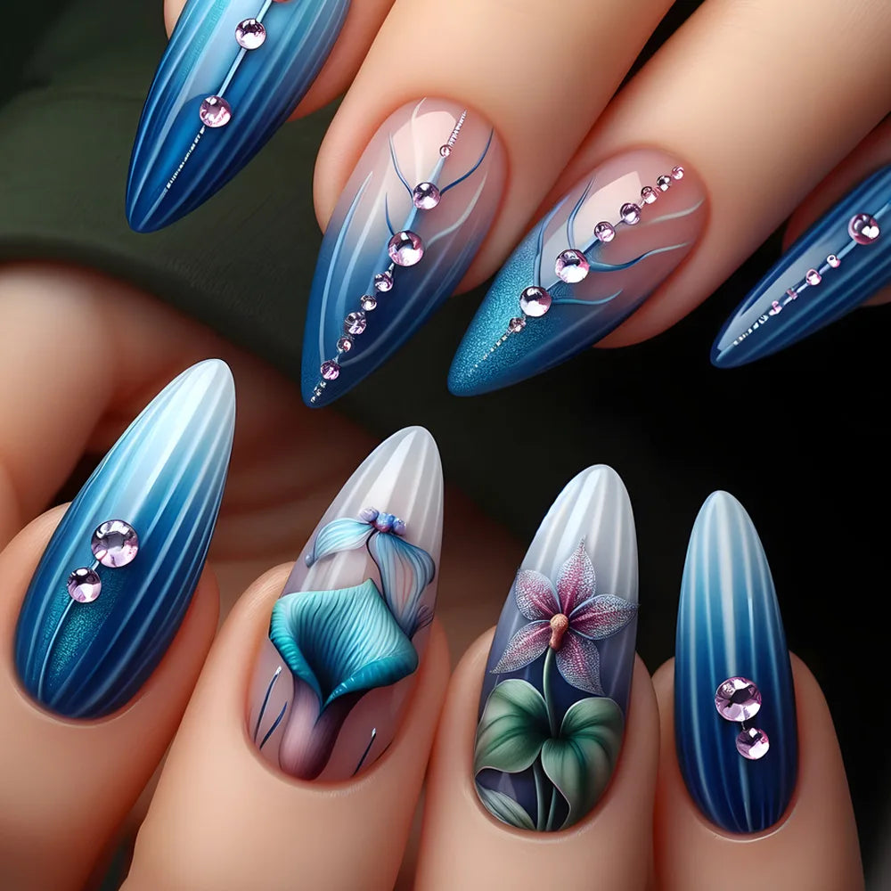 24Pcs Autumn Winter Matte Almond False Nails with Glue Rose Leaf Printing Nail Art Simple Full Cover Press on Acrylic Nails Tips